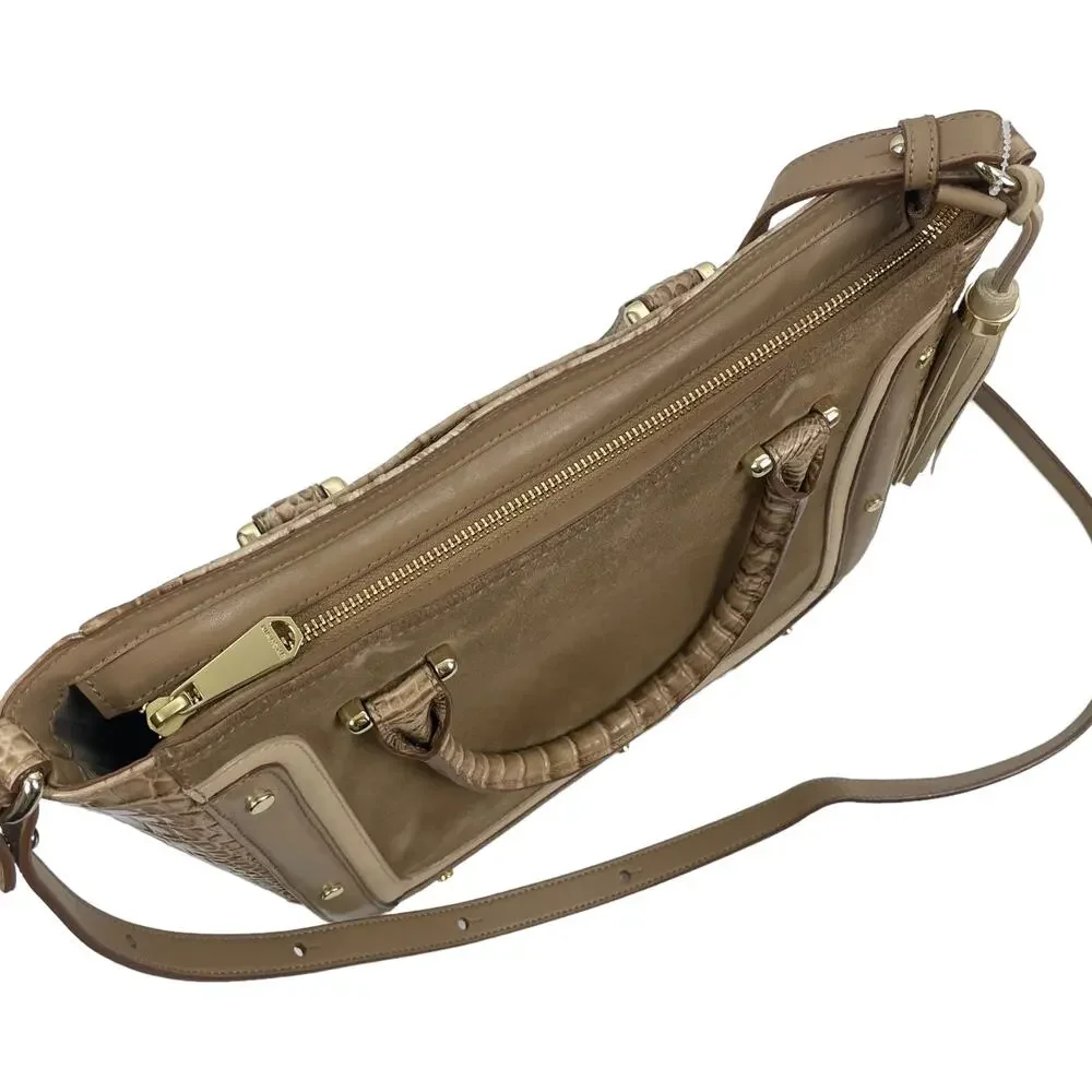 Brahmin Small Lena Satchel Bag Travertine Brevik Croc Embossed Suede Tan